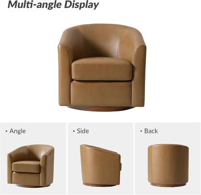 Genuine Leather Swivel Barrel Chair with Solid Wood Base, 360° Rotating Accent Chair for Living Room, Bedroom, Office and Lounge Spaces