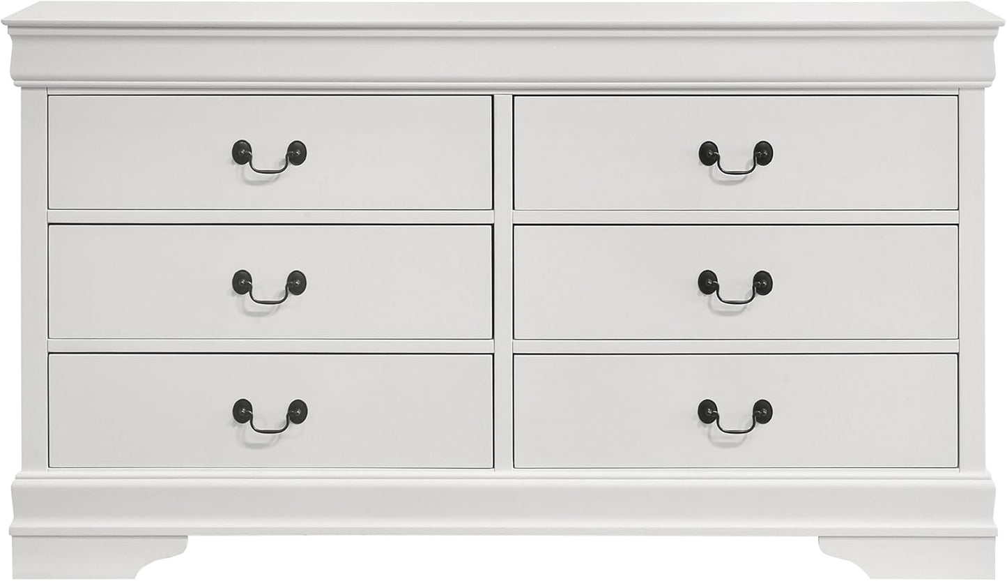 Traditional 6-Drawer Bedroom Dresser with Molded Trim and Bracket Feet, Spacious Wooden Storage Chest for Bedroom Organization, White Finish
