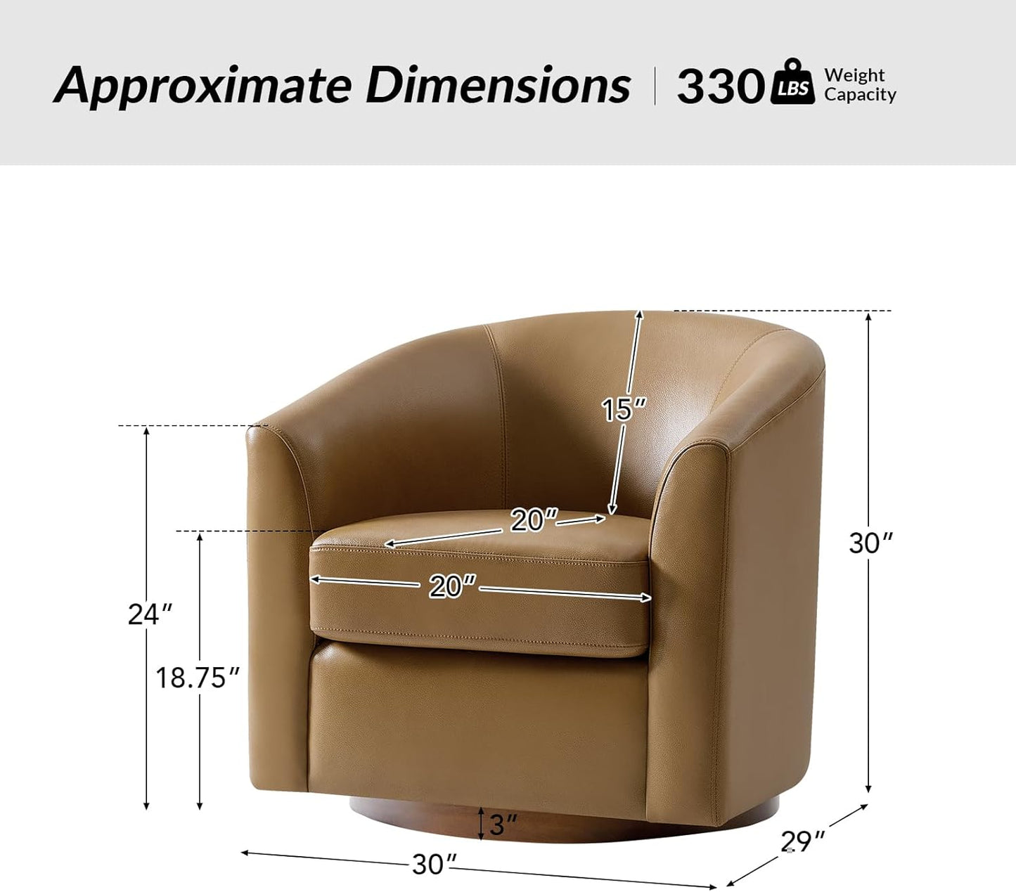 Genuine Leather Swivel Barrel Chair with Solid Wood Base, 360° Rotating Accent Chair for Living Room, Bedroom, Office and Lounge Spaces