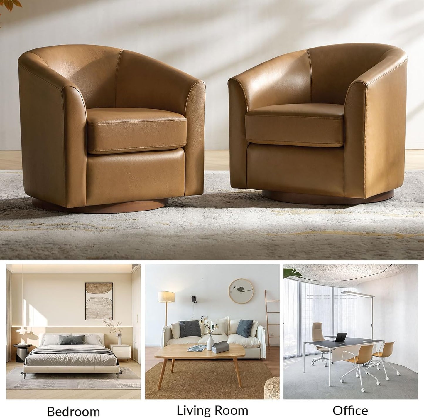 Genuine Leather Swivel Barrel Chair with Solid Wood Base, 360° Rotating Accent Chair for Living Room, Bedroom, Office and Lounge Spaces