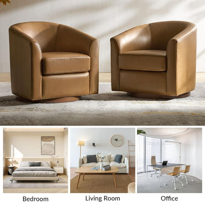 Genuine Leather Swivel Barrel Chair with Solid Wood Base, 360° Rotating Accent Chair for Living Room, Bedroom, Office and Lounge Spaces