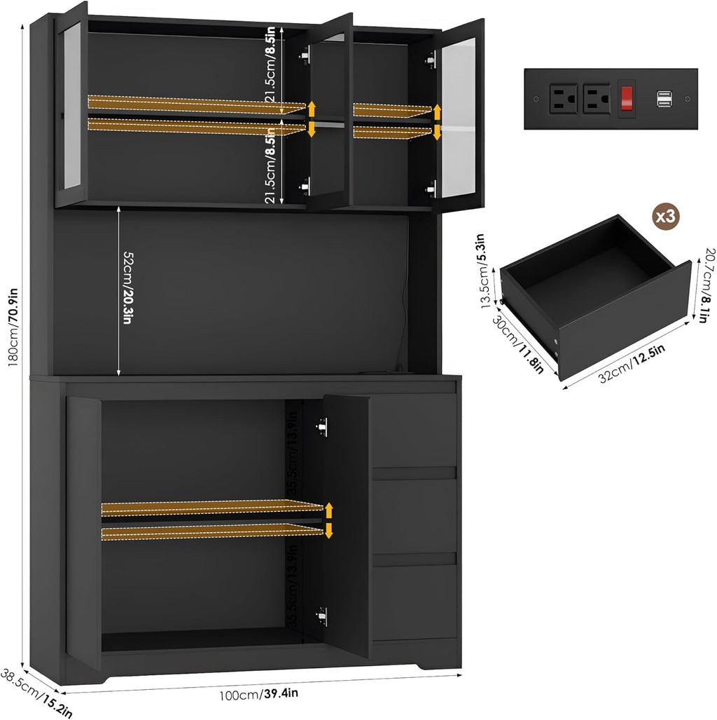 71-Inch Kitchen Pantry Cabinet with LED Lights and Charging Station, Modern Storage Hutch Cabinet with Microwave Stand, Buffet Cabinet and Spacious Countertop