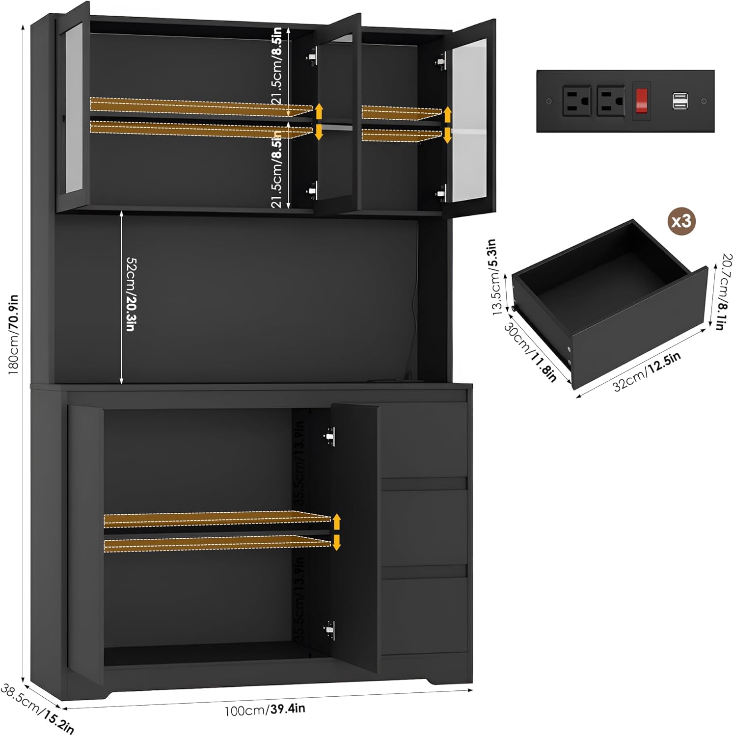 71-Inch Kitchen Pantry Cabinet with LED Lights and Charging Station, Modern Storage Hutch Cabinet with Microwave Stand, Buffet Cabinet and Spacious Countertop