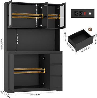 71-Inch Kitchen Pantry Cabinet with LED Lights and Charging Station, Modern Storage Hutch Cabinet with Microwave Stand, Buffet Cabinet and Spacious Countertop