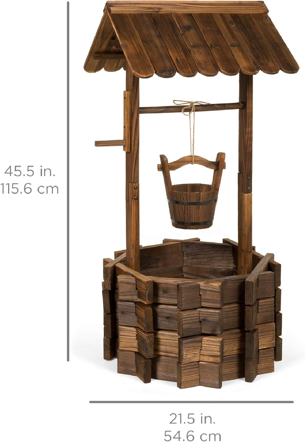 Rustic Wooden Wishing Well Planter with Hanging Bucket, Decorative Outdoor Flower Pot for Garden, Patio, Yard and Landscape Décor