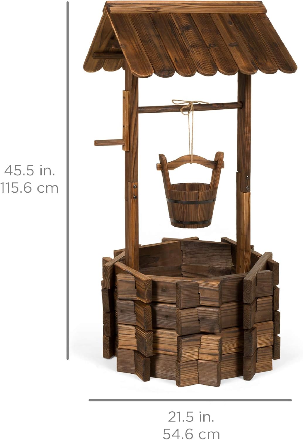 Rustic Wooden Wishing Well Planter with Hanging Bucket, Decorative Outdoor Flower Pot for Garden, Patio, Yard and Landscape Décor