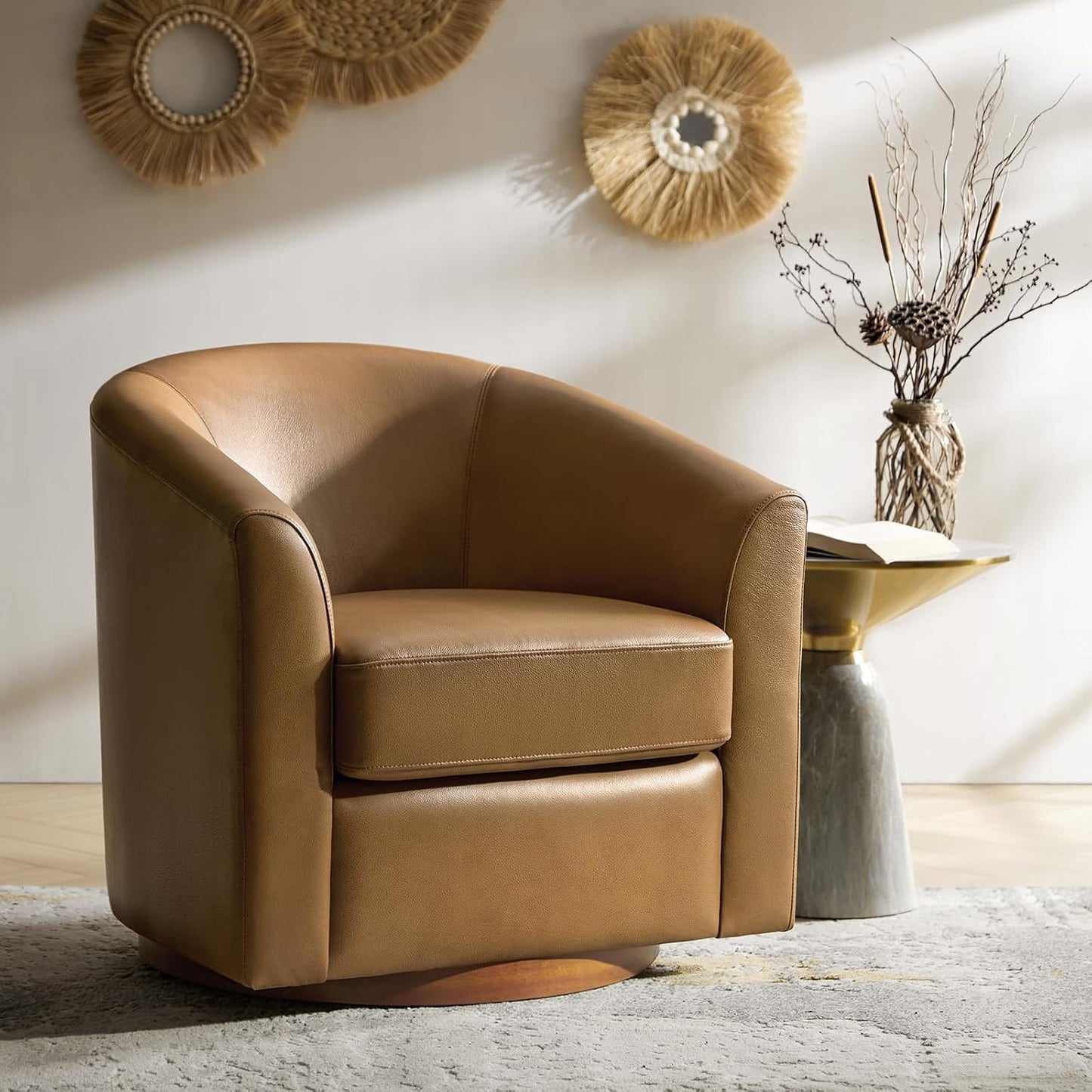 Genuine Leather Swivel Barrel Chair with Solid Wood Base, 360° Rotating Accent Chair for Living Room, Bedroom, Office and Lounge Spaces