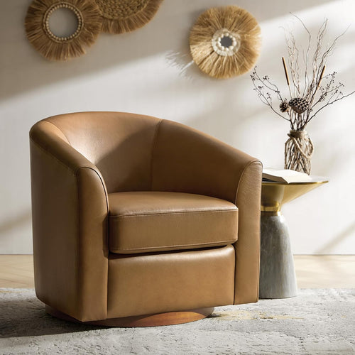 Genuine Leather Swivel Barrel Chair with Solid Wood Base, 360° Rotating Accent Chair for Living Room, Bedroom, Office and Lounge Spaces