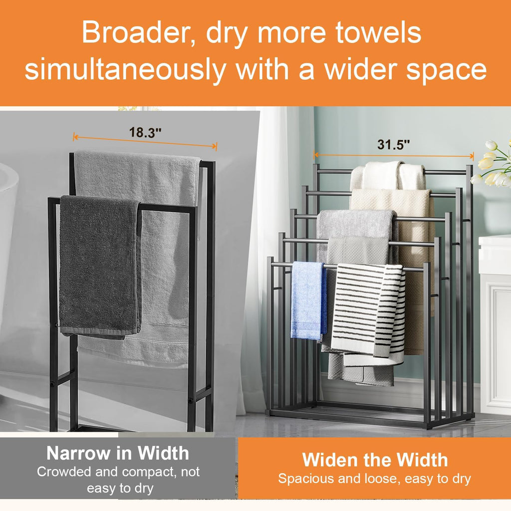 5-Tier Freestanding Towel Rack for Bathroom and Outdoor Use, Large Capacity Towel Drying Stand for Bath Towels, Pool Towels, Blankets and Linen Storage