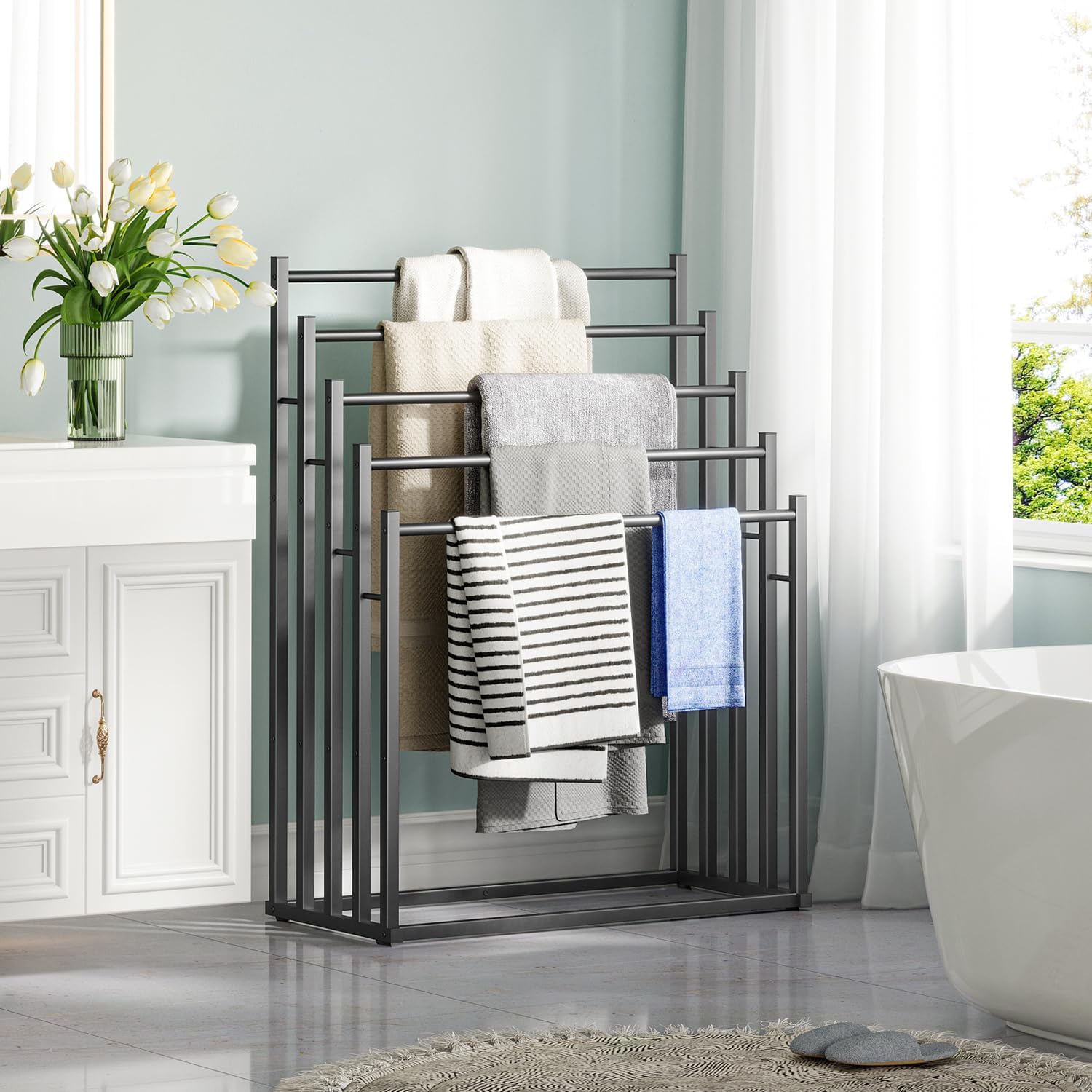 5-Tier Freestanding Towel Rack for Bathroom and Outdoor Use, Large Capacity Towel Drying Stand for Bath Towels, Pool Towels, Blankets and Linen Storage