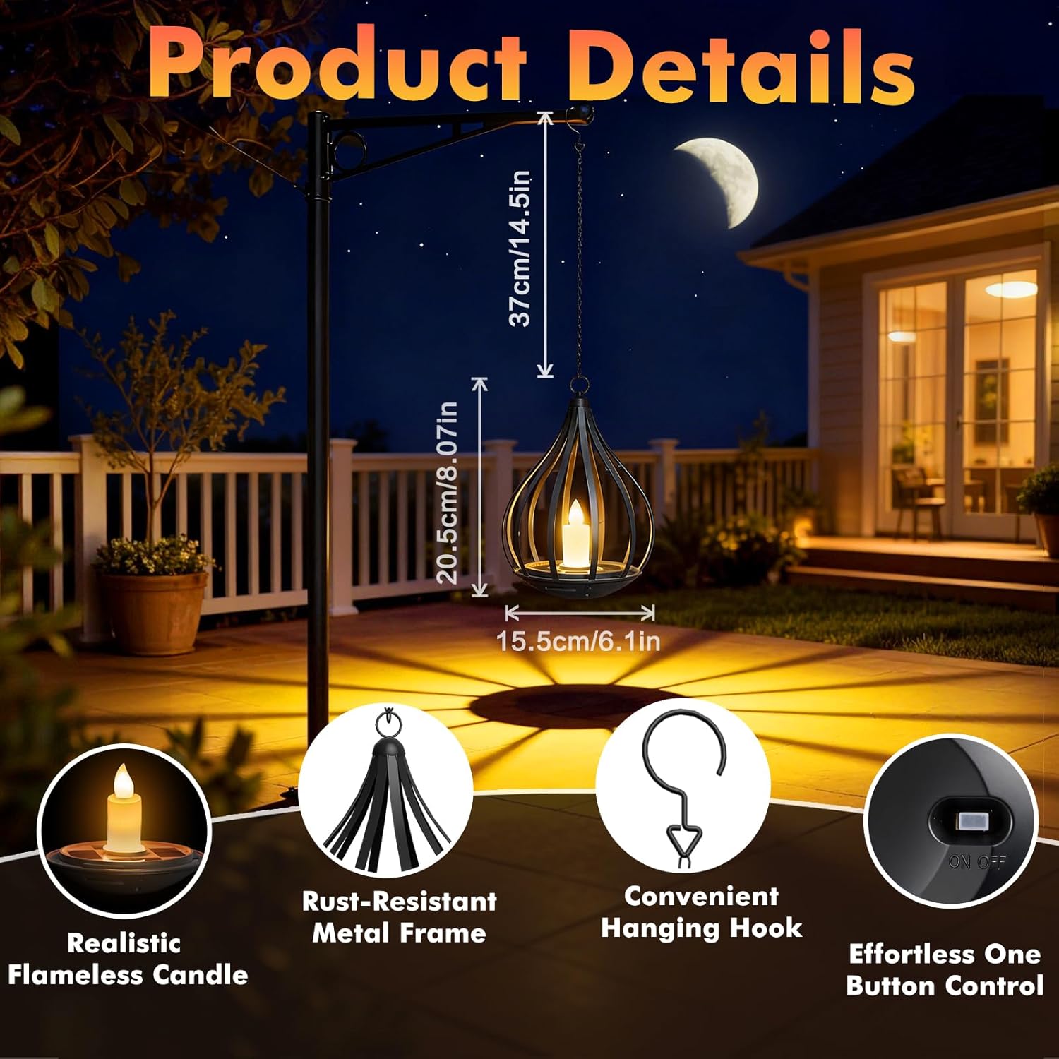 2-Pack Solar Lantern Outdoor Hanging Lights with Flickering Candle Effect, Waterproof Garden Lanterns for Patio, Yard, Porch, Pathway and Landscape Décor