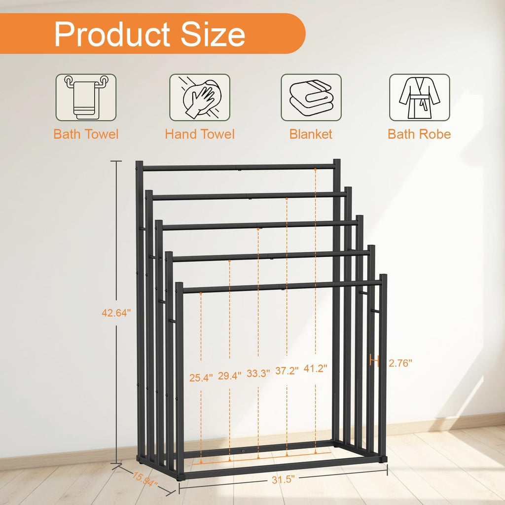 5-Tier Freestanding Towel Rack for Bathroom and Outdoor Use, Large Capacity Towel Drying Stand for Bath Towels, Pool Towels, Blankets and Linen Storage