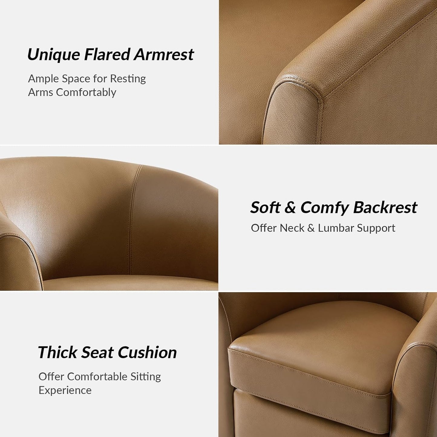 Genuine Leather Swivel Barrel Chair with Solid Wood Base, 360° Rotating Accent Chair for Living Room, Bedroom, Office and Lounge Spaces