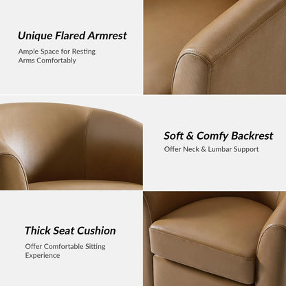 Genuine Leather Swivel Barrel Chair with Solid Wood Base, 360° Rotating Accent Chair for Living Room, Bedroom, Office and Lounge Spaces