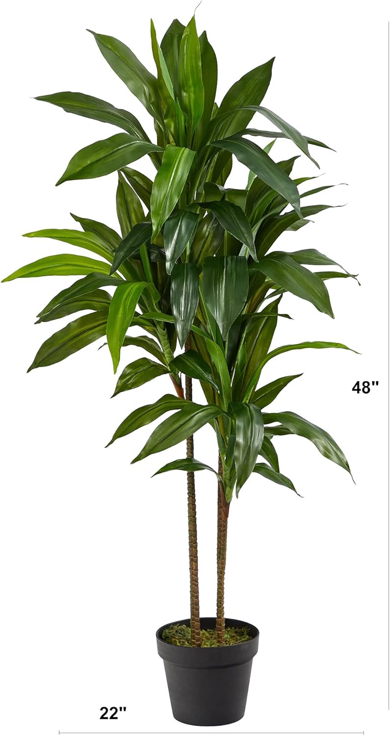 48-Inch Artificial Dracaena Tree with Real Touch Leaves and Decorative Pot, Maintenance-Free Indoor Floor Plant for Living Room, Office and Home Décor