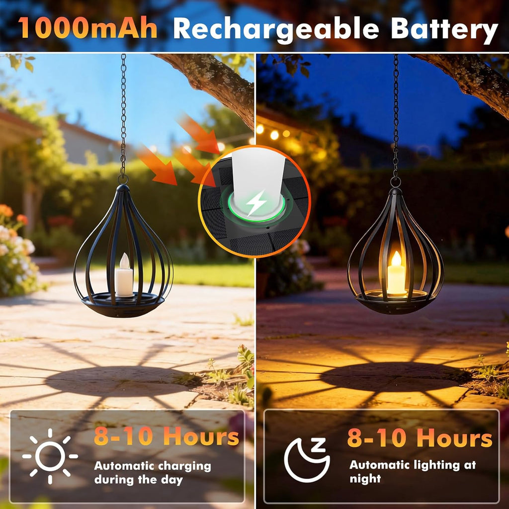 2-Pack Solar Lantern Outdoor Hanging Lights with Flickering Candle Effect, Waterproof Garden Lanterns for Patio, Yard, Porch, Pathway and Landscape Décor