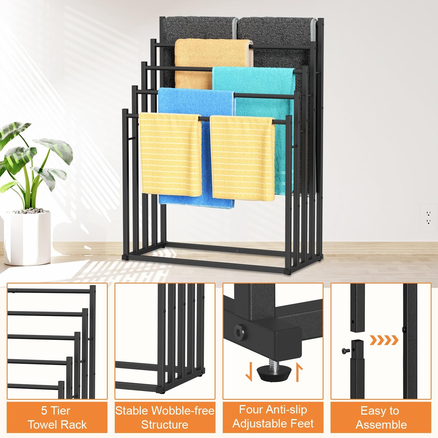 5-Tier Freestanding Towel Rack for Bathroom and Outdoor Use, Large Capacity Towel Drying Stand for Bath Towels, Pool Towels, Blankets and Linen Storage