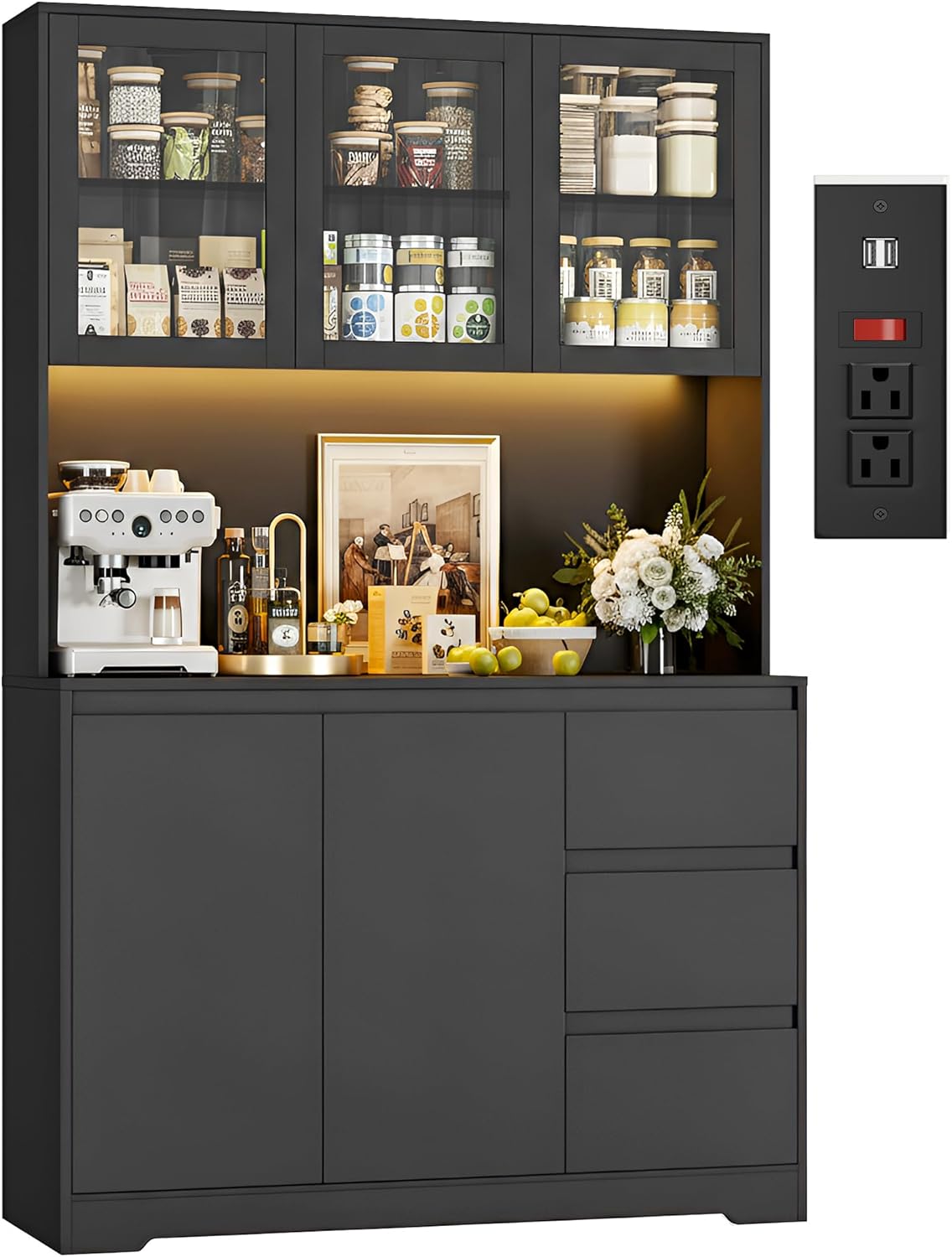 71-Inch Kitchen Pantry Cabinet with LED Lights and Charging Station, Modern Storage Hutch Cabinet with Microwave Stand, Buffet Cabinet and Spacious Countertop