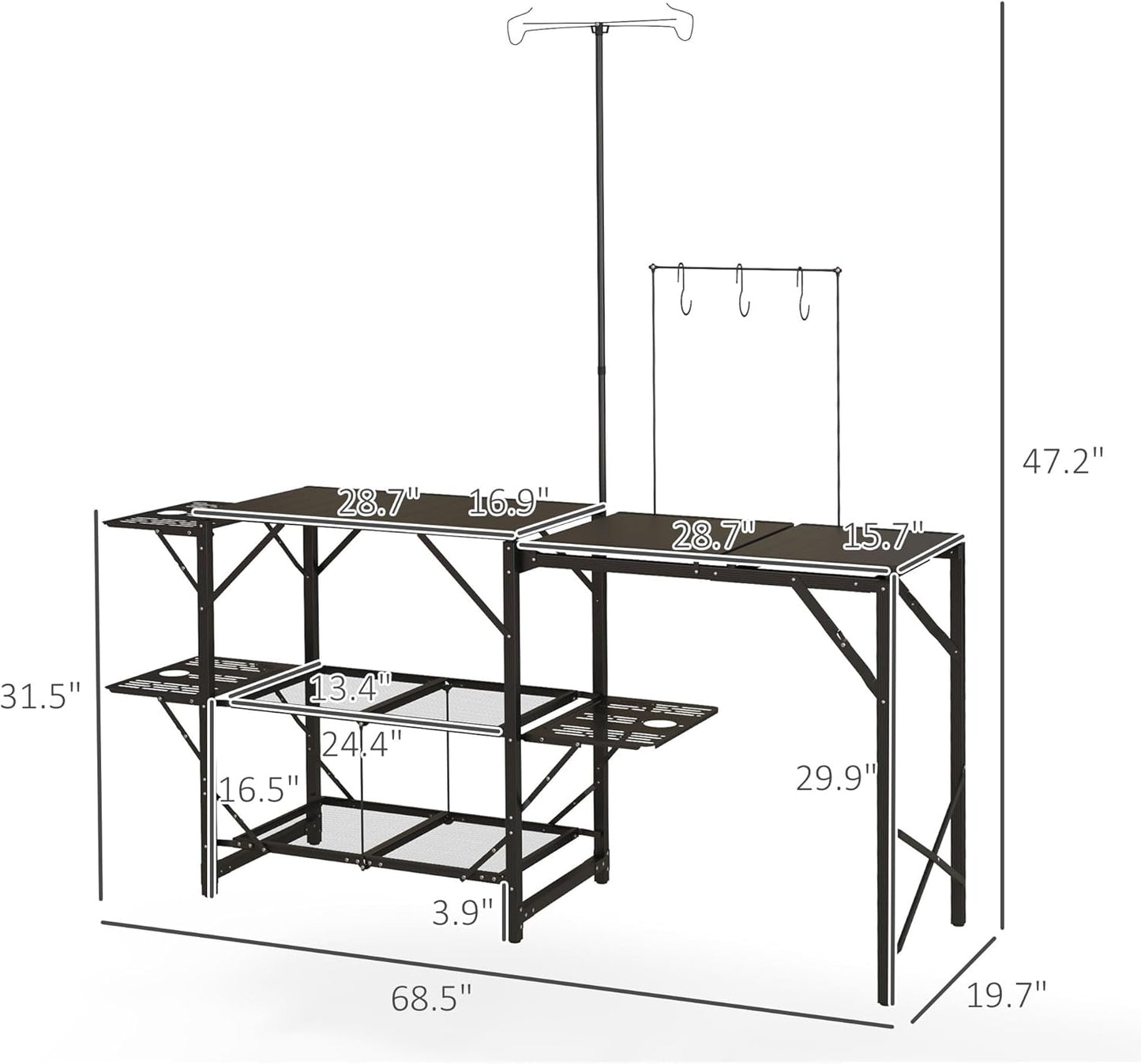 Portable Folding Camp Kitchen Table with Adjustable Lantern Holder, Storage Hooks and Carrying Bag for Camping, BBQ, Picnic and Outdoor Cooking
