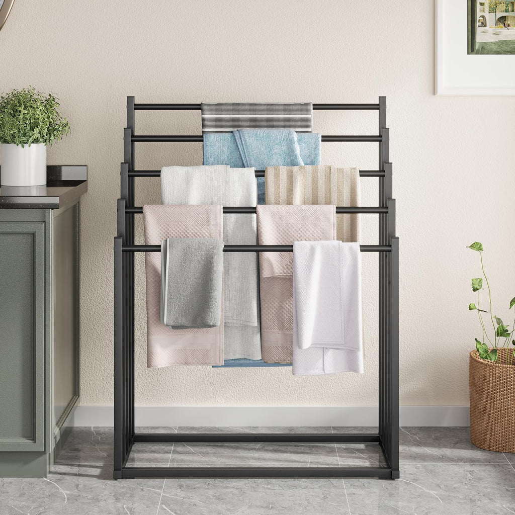 5-Tier Freestanding Towel Rack for Bathroom and Outdoor Use, Large Capacity Towel Drying Stand for Bath Towels, Pool Towels, Blankets and Linen Storage
