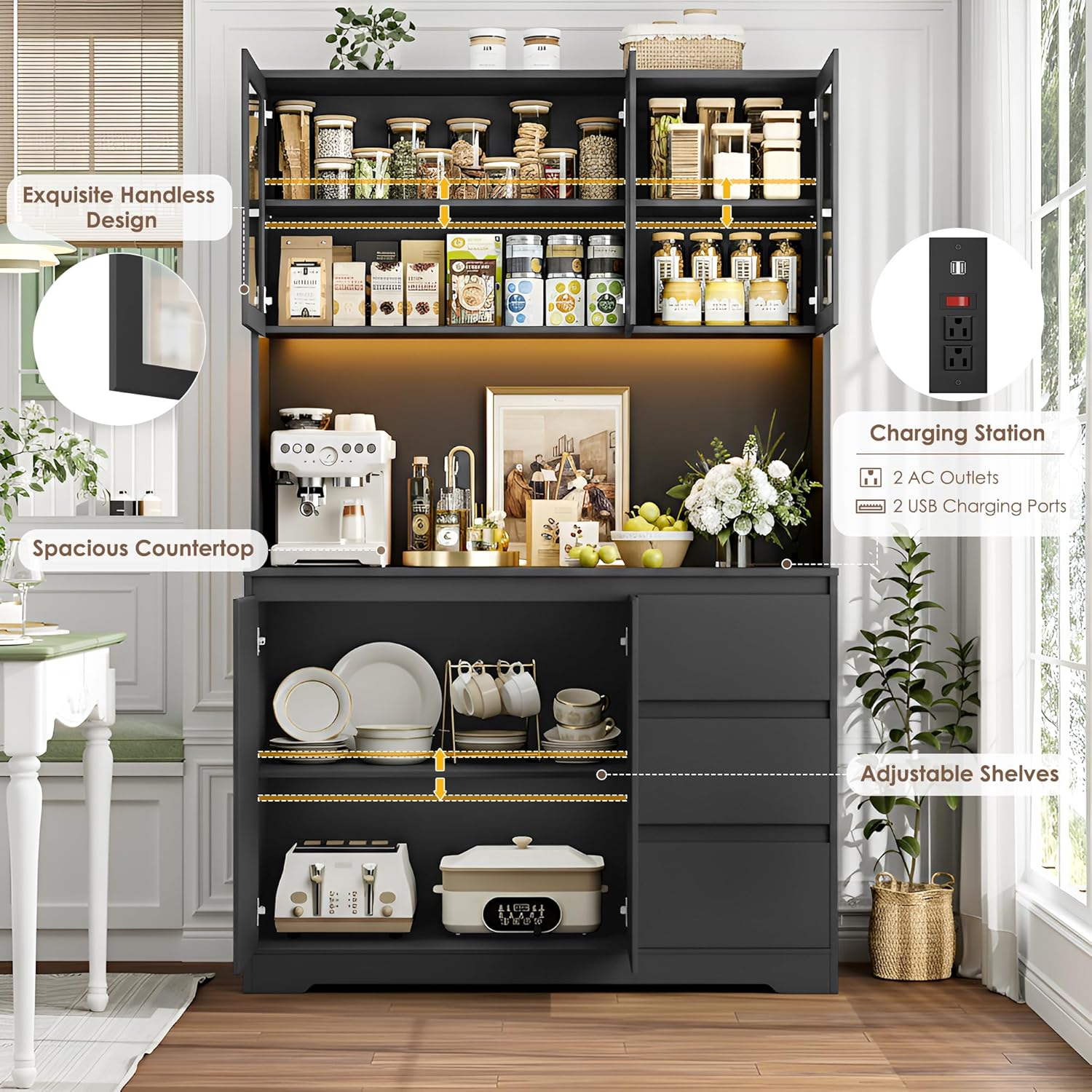 71-Inch Kitchen Pantry Cabinet with LED Lights and Charging Station, Modern Storage Hutch Cabinet with Microwave Stand, Buffet Cabinet and Spacious Countertop