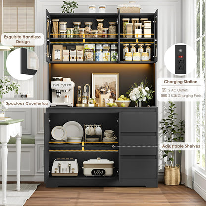 71-Inch Kitchen Pantry Cabinet with LED Lights and Charging Station, Modern Storage Hutch Cabinet with Microwave Stand, Buffet Cabinet and Spacious Countertop