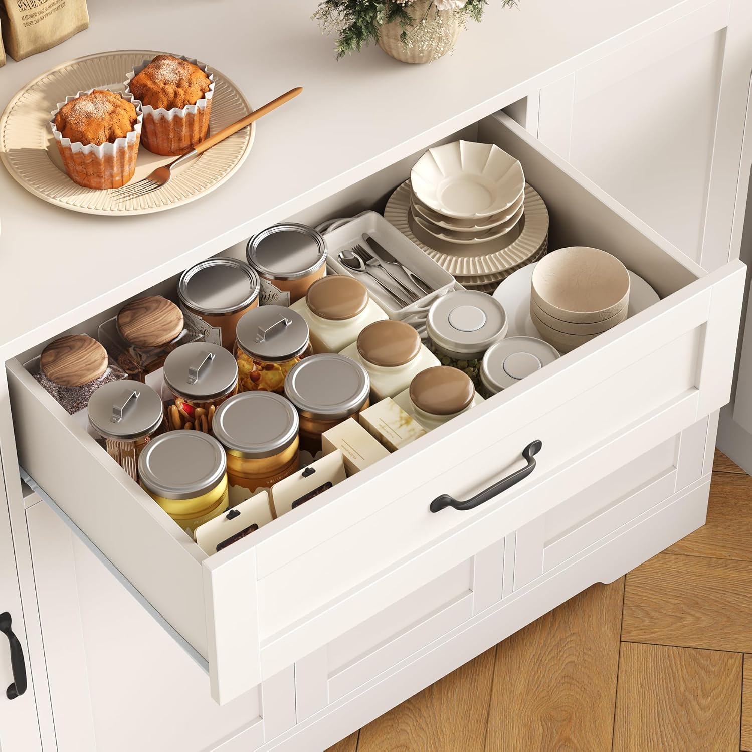70-Inch LED Kitchen Pantry Cabinet with Charging Station, 47-Inch Wide Storage Hutch, Microwave Stand, Drawers and Cabinets for Kitchen and Dining Room