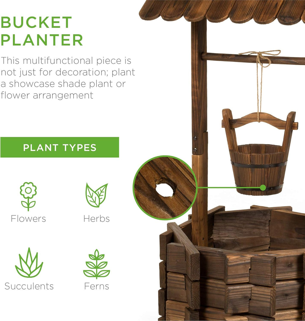 Rustic Wooden Wishing Well Planter with Hanging Bucket, Decorative Outdoor Flower Pot for Garden, Patio, Yard and Landscape Décor