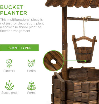 Rustic Wooden Wishing Well Planter with Hanging Bucket, Decorative Outdoor Flower Pot for Garden, Patio, Yard and Landscape Décor