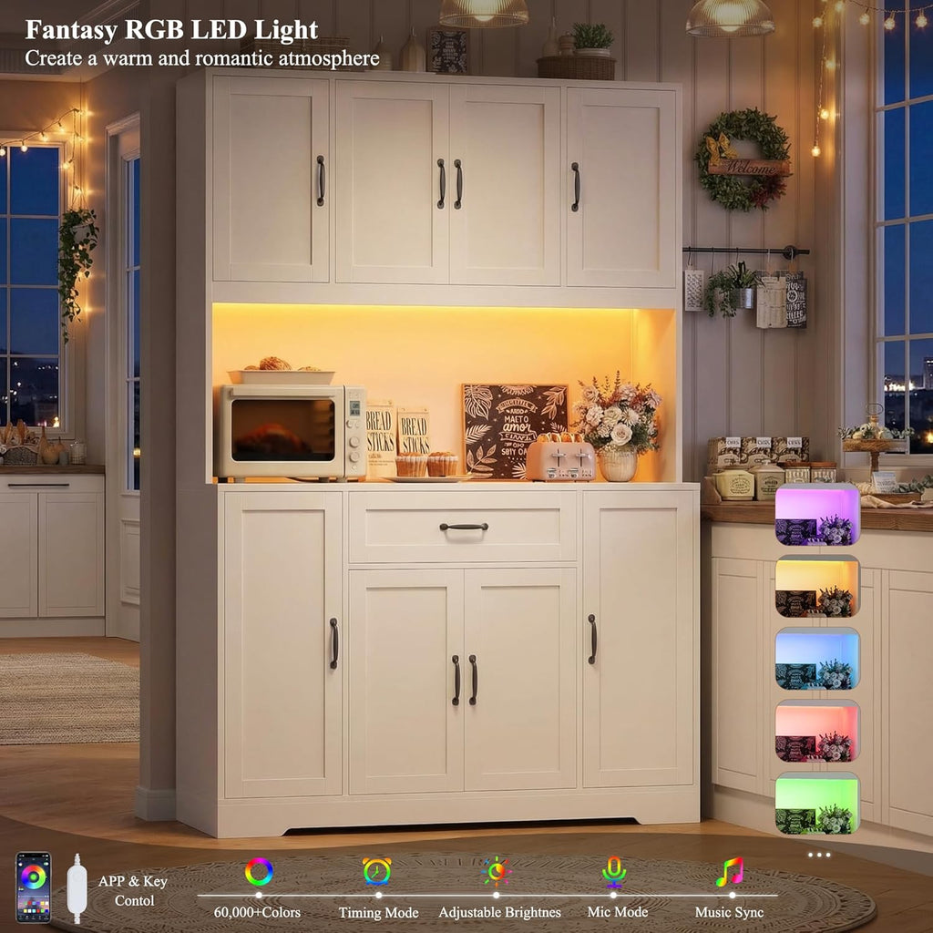 70-Inch LED Kitchen Pantry Cabinet with Charging Station, 47-Inch Wide Storage Hutch, Microwave Stand, Drawers and Cabinets for Kitchen and Dining Room