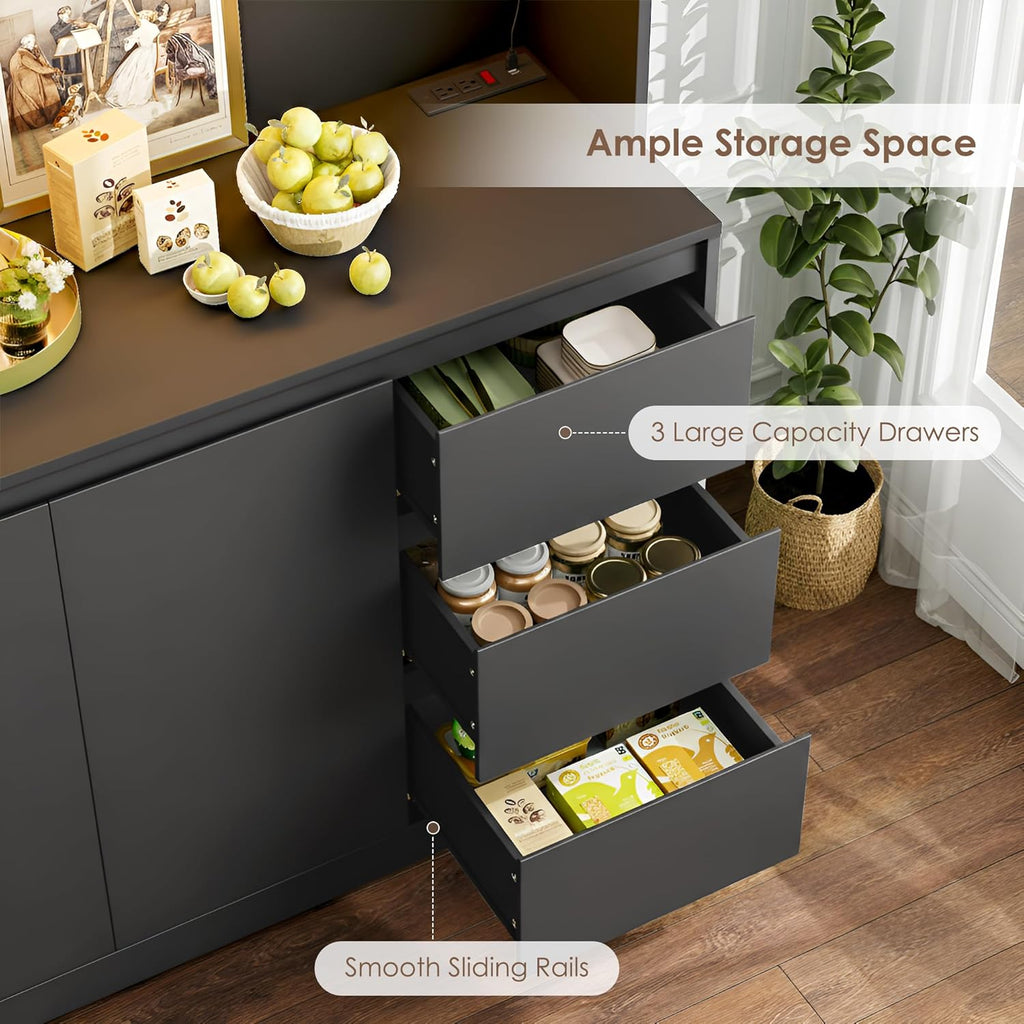 71-Inch Kitchen Pantry Cabinet with LED Lights and Charging Station, Modern Storage Hutch Cabinet with Microwave Stand, Buffet Cabinet and Spacious Countertop