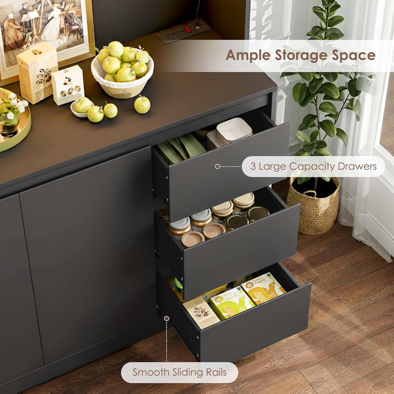 71-Inch Kitchen Pantry Cabinet with LED Lights and Charging Station, Modern Storage Hutch Cabinet with Microwave Stand, Buffet Cabinet and Spacious Countertop