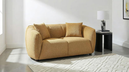 Modern Mustard Yellow Upholstered Loveseat with Vertical Channel Tufting, Rounded Arms and Plush Cushions, Stylish Two-Seater Sofa for Living Room