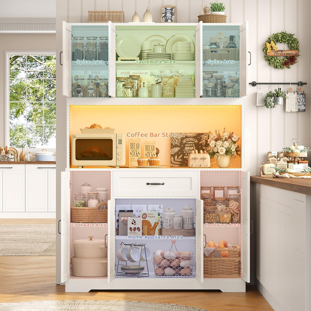 70-Inch LED Kitchen Pantry Cabinet with Charging Station, 47-Inch Wide Storage Hutch, Microwave Stand, Drawers and Cabinets for Kitchen and Dining Room