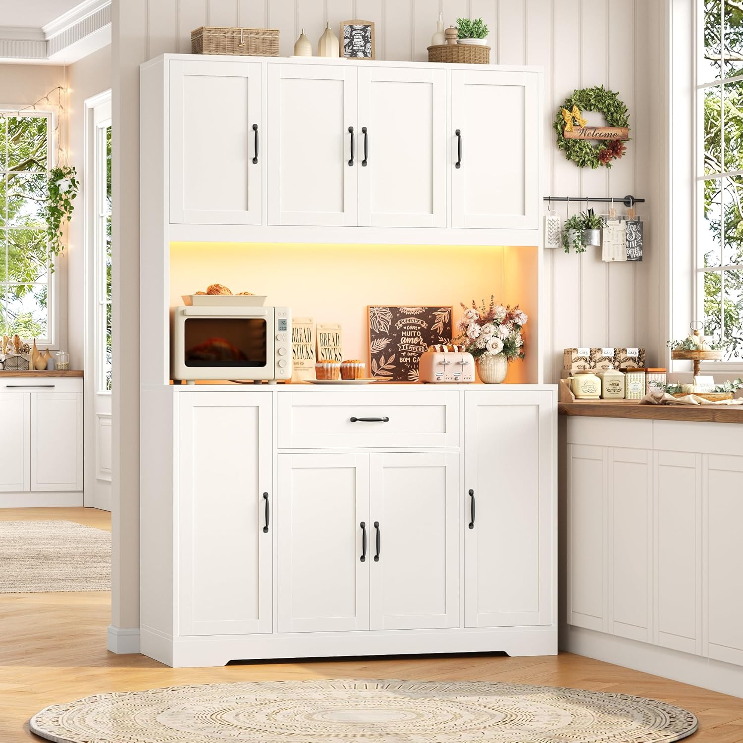 70-Inch LED Kitchen Pantry Cabinet with Charging Station, 47-Inch Wide Storage Hutch, Microwave Stand, Drawers and Cabinets for Kitchen and Dining Room