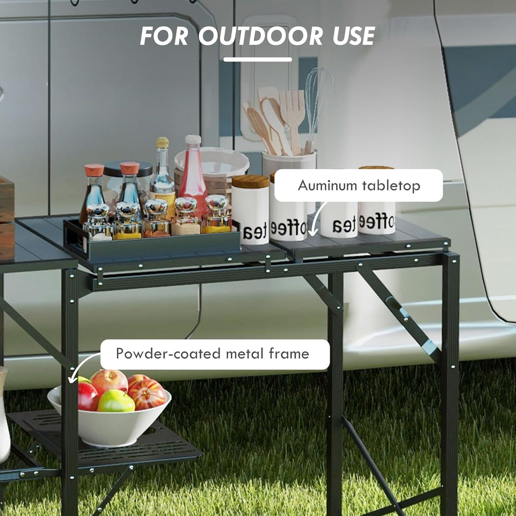 Portable Folding Camp Kitchen Table with Adjustable Lantern Holder, Storage Hooks and Carrying Bag for Camping, BBQ, Picnic and Outdoor Cooking