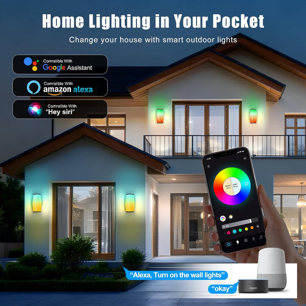 Smart RGBIC Outdoor Wall Light with 2400LM LED Brightness, Waterproof Color-Changing Porch Sconce for Patio, Entryway, Garage and Holiday Lighting