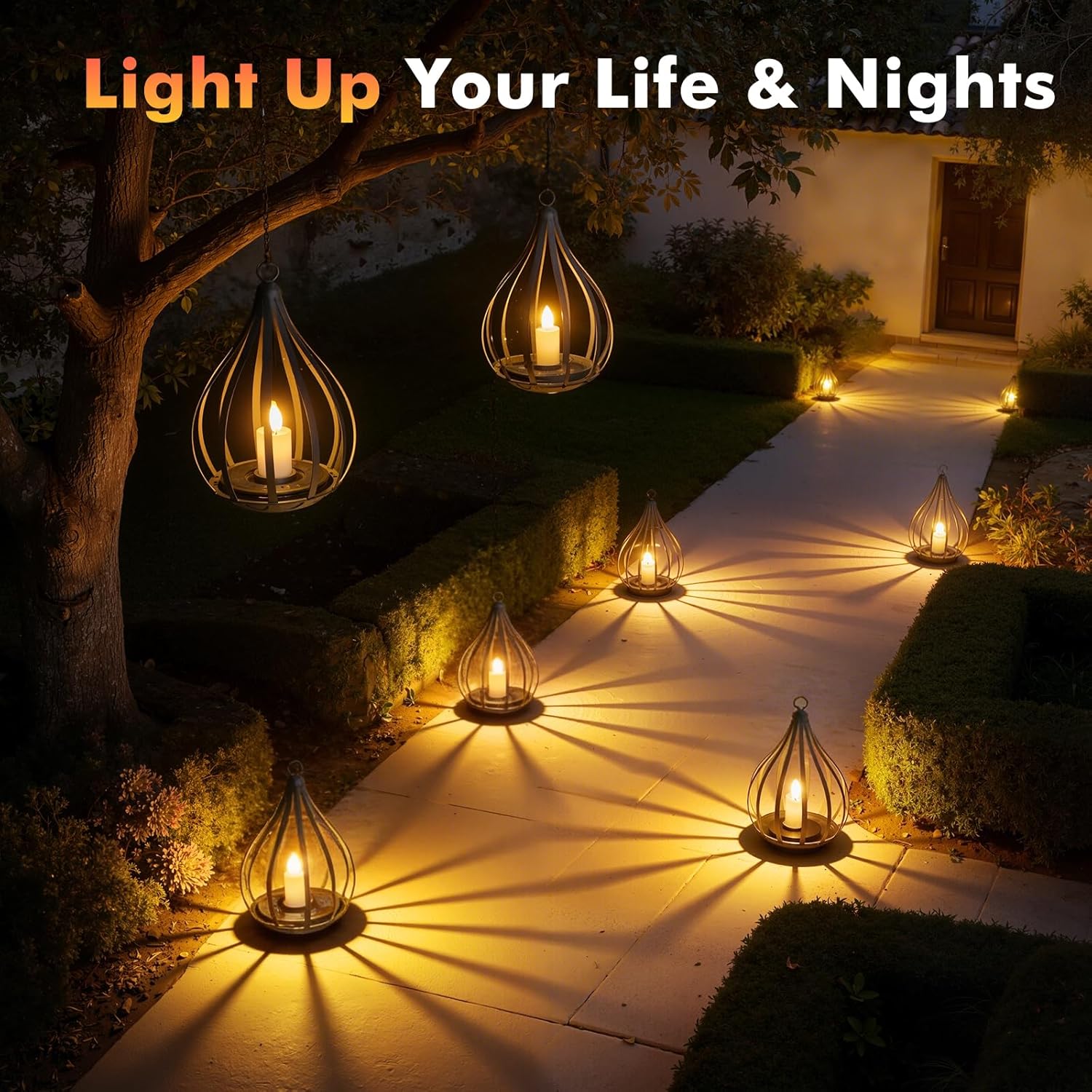 2-Pack Solar Lantern Outdoor Hanging Lights with Flickering Candle Effect, Waterproof Garden Lanterns for Patio, Yard, Porch, Pathway and Landscape Décor