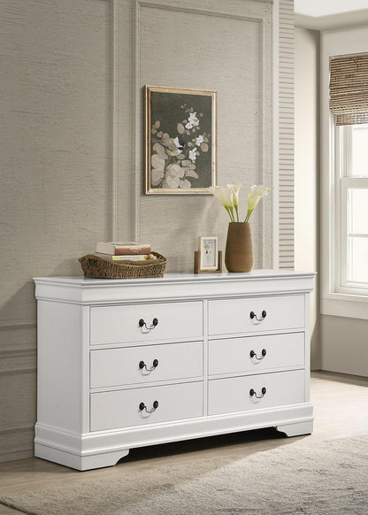 Traditional 6-Drawer Bedroom Dresser with Molded Trim and Bracket Feet, Spacious Wooden Storage Chest for Bedroom Organization, White Finish