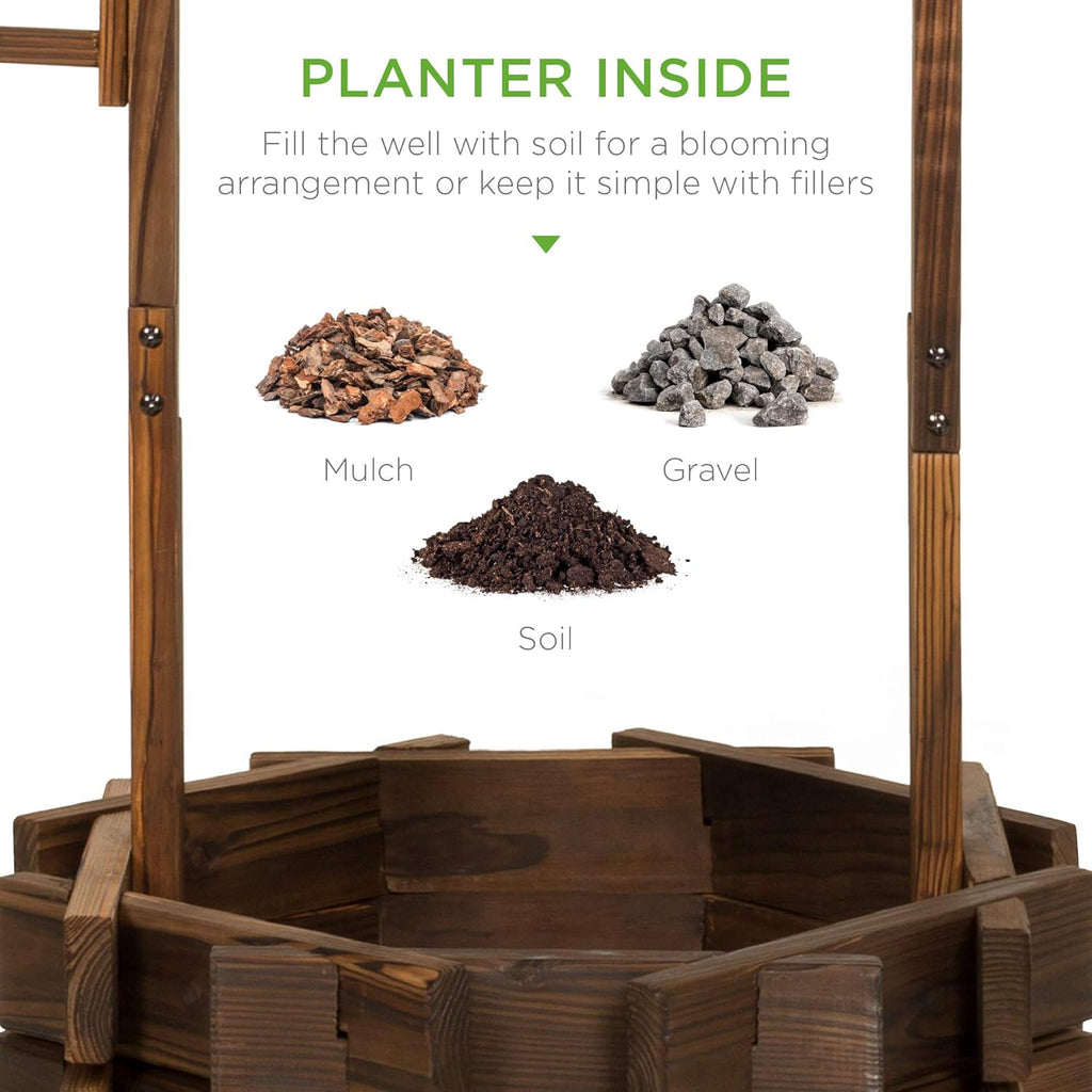 Rustic Wooden Wishing Well Planter with Hanging Bucket, Decorative Outdoor Flower Pot for Garden, Patio, Yard and Landscape Décor