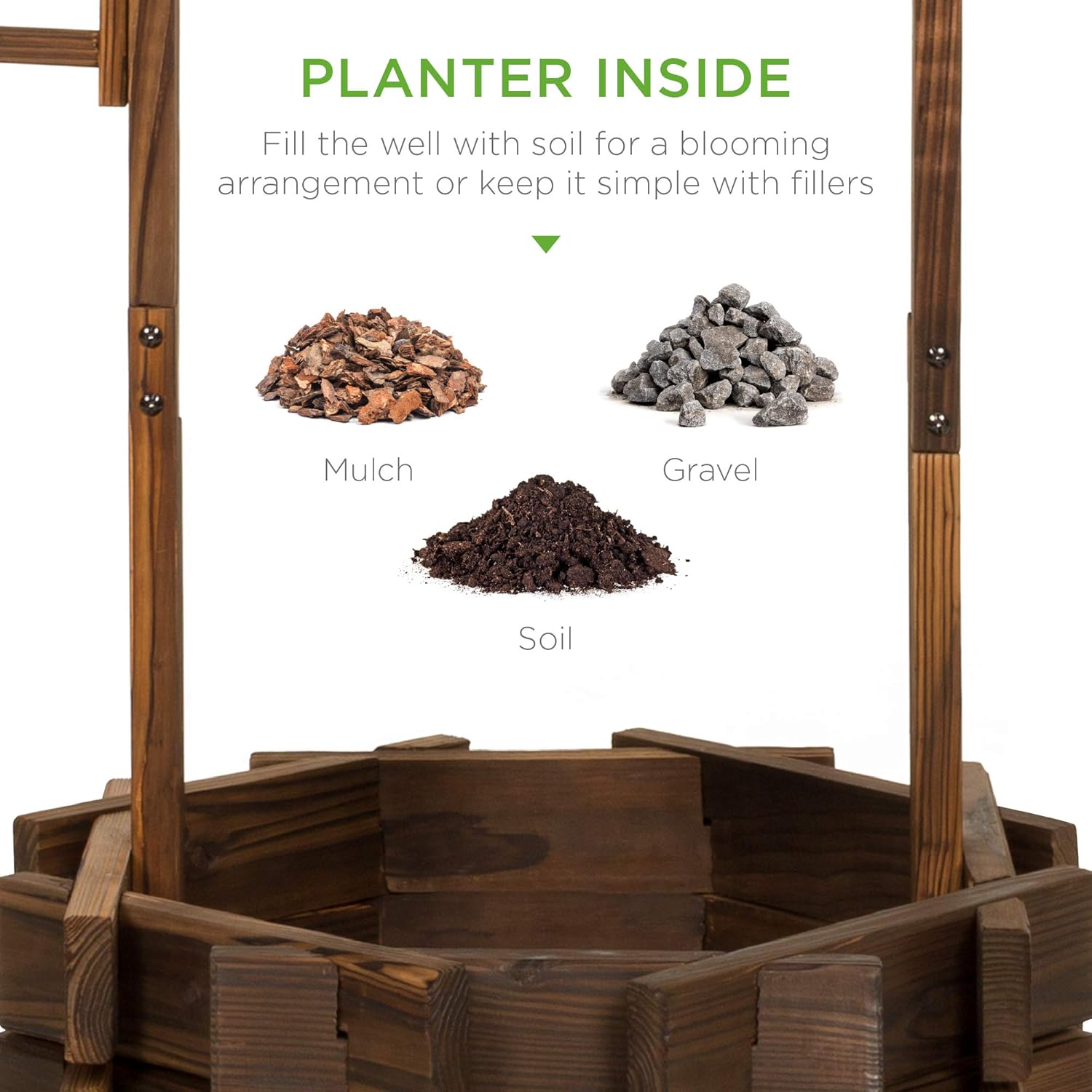 Rustic Wooden Wishing Well Planter with Hanging Bucket, Decorative Outdoor Flower Pot for Garden, Patio, Yard and Landscape Décor