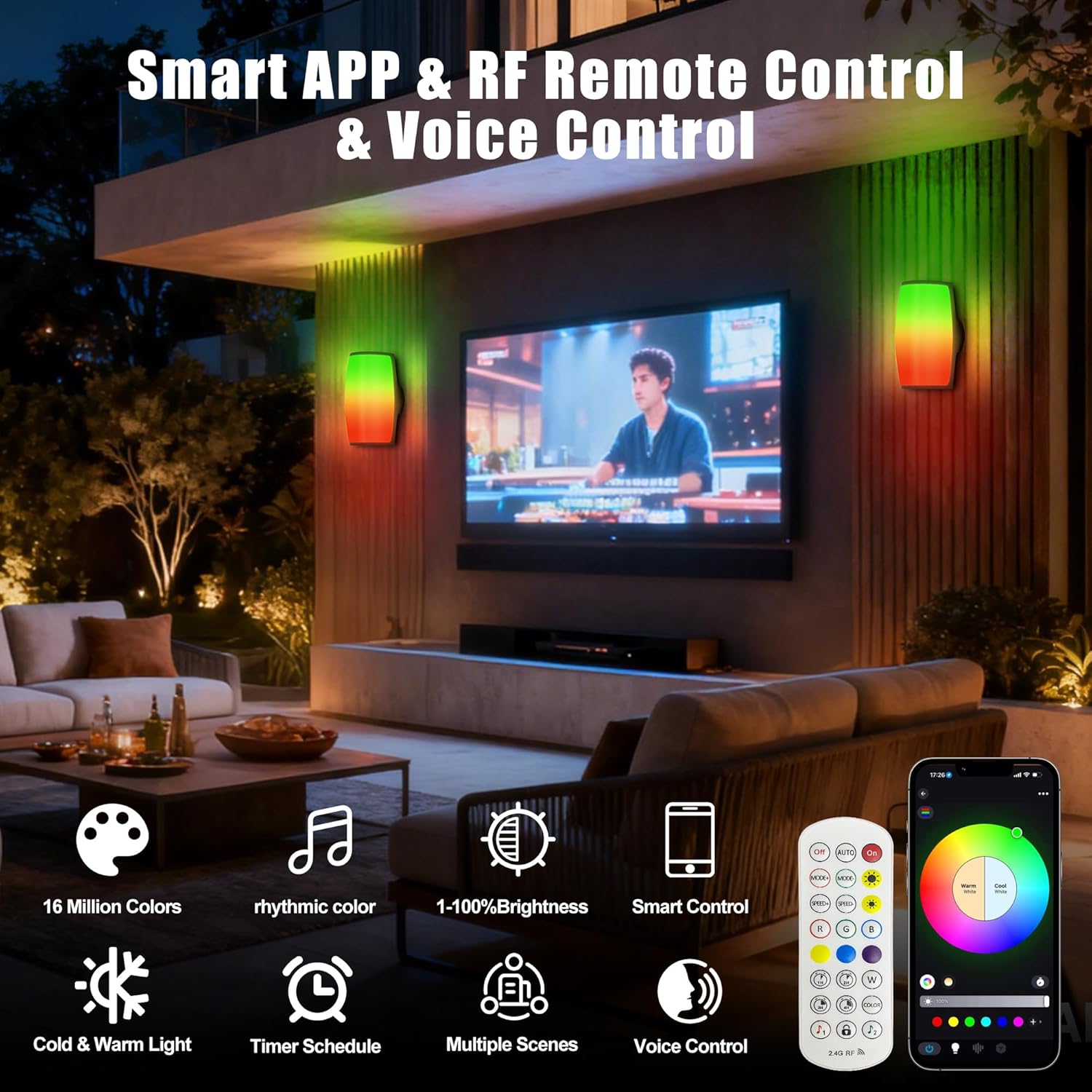 Smart RGBIC Outdoor Wall Light with 2400LM LED Brightness, Waterproof Color-Changing Porch Sconce for Patio, Entryway, Garage and Holiday Lighting