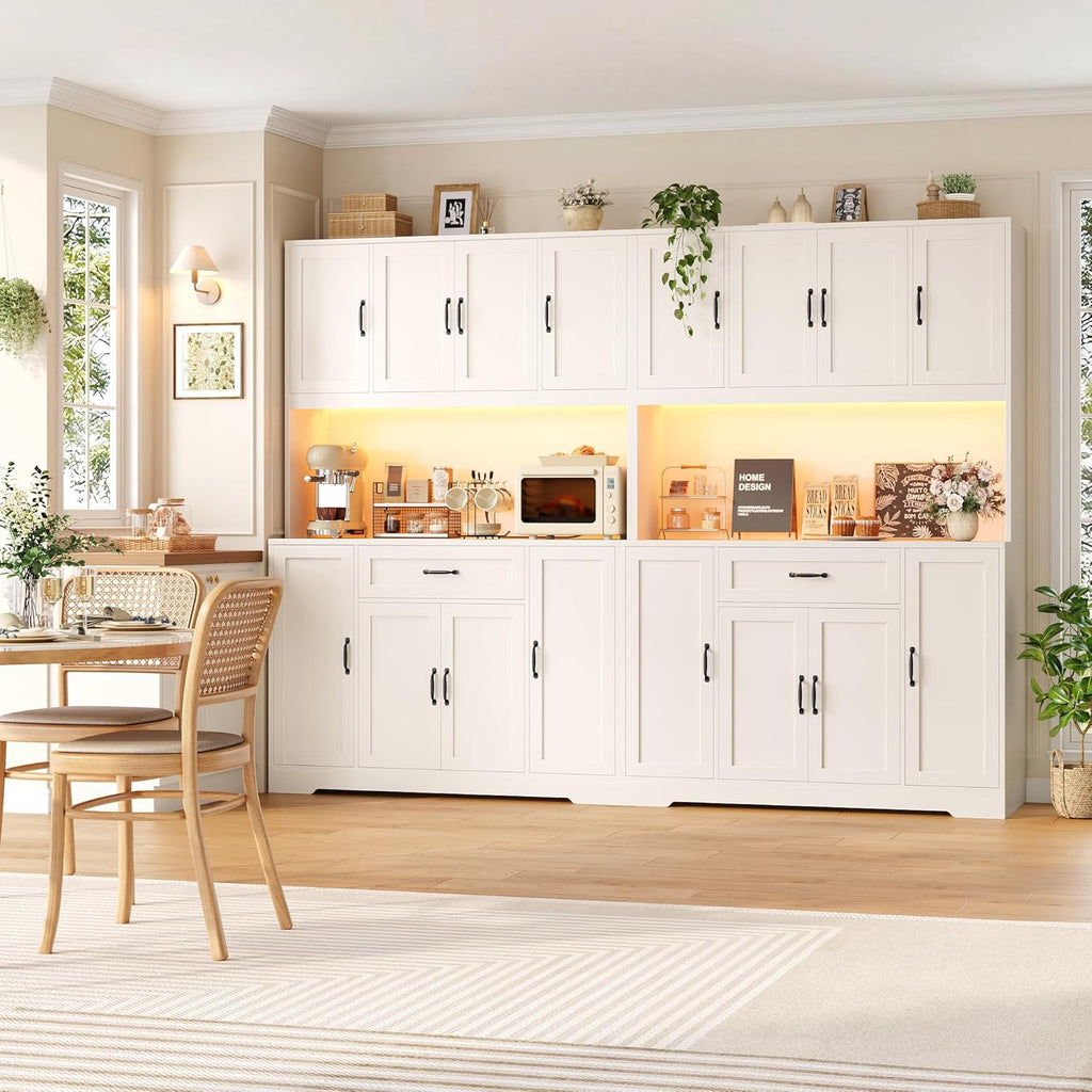 70-Inch LED Kitchen Pantry Cabinet with Charging Station, 47-Inch Wide Storage Hutch, Microwave Stand, Drawers and Cabinets for Kitchen and Dining Room