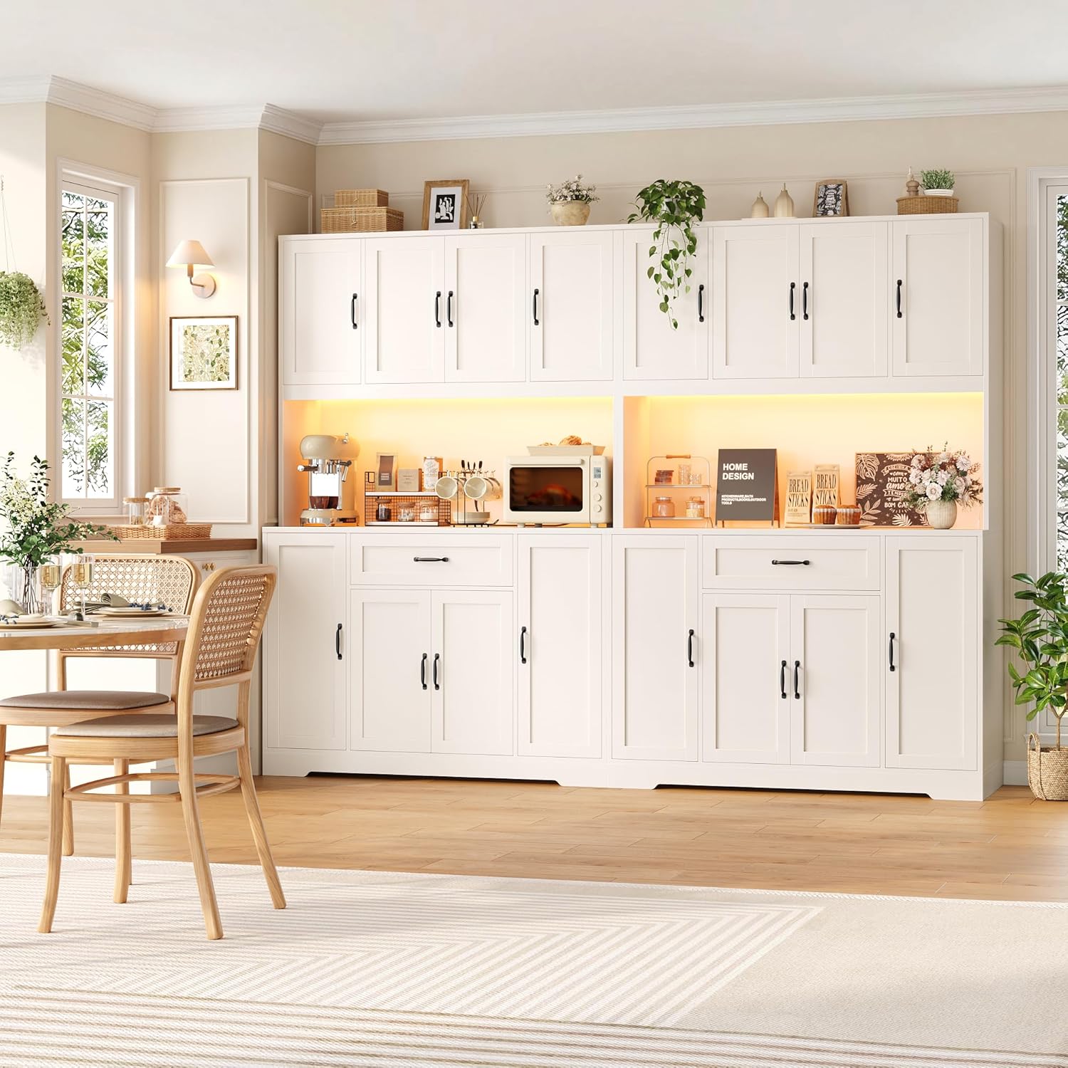 70-Inch LED Kitchen Pantry Cabinet with Charging Station, 47-Inch Wide Storage Hutch, Microwave Stand, Drawers and Cabinets for Kitchen and Dining Room