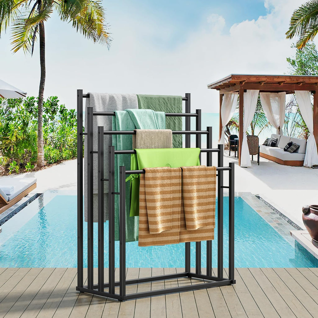 5-Tier Freestanding Towel Rack for Bathroom and Outdoor Use, Large Capacity Towel Drying Stand for Bath Towels, Pool Towels, Blankets and Linen Storage