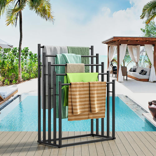 5-Tier Freestanding Towel Rack for Bathroom and Outdoor Use, Large Capacity Towel Drying Stand for Bath Towels, Pool Towels, Blankets and Linen Storage