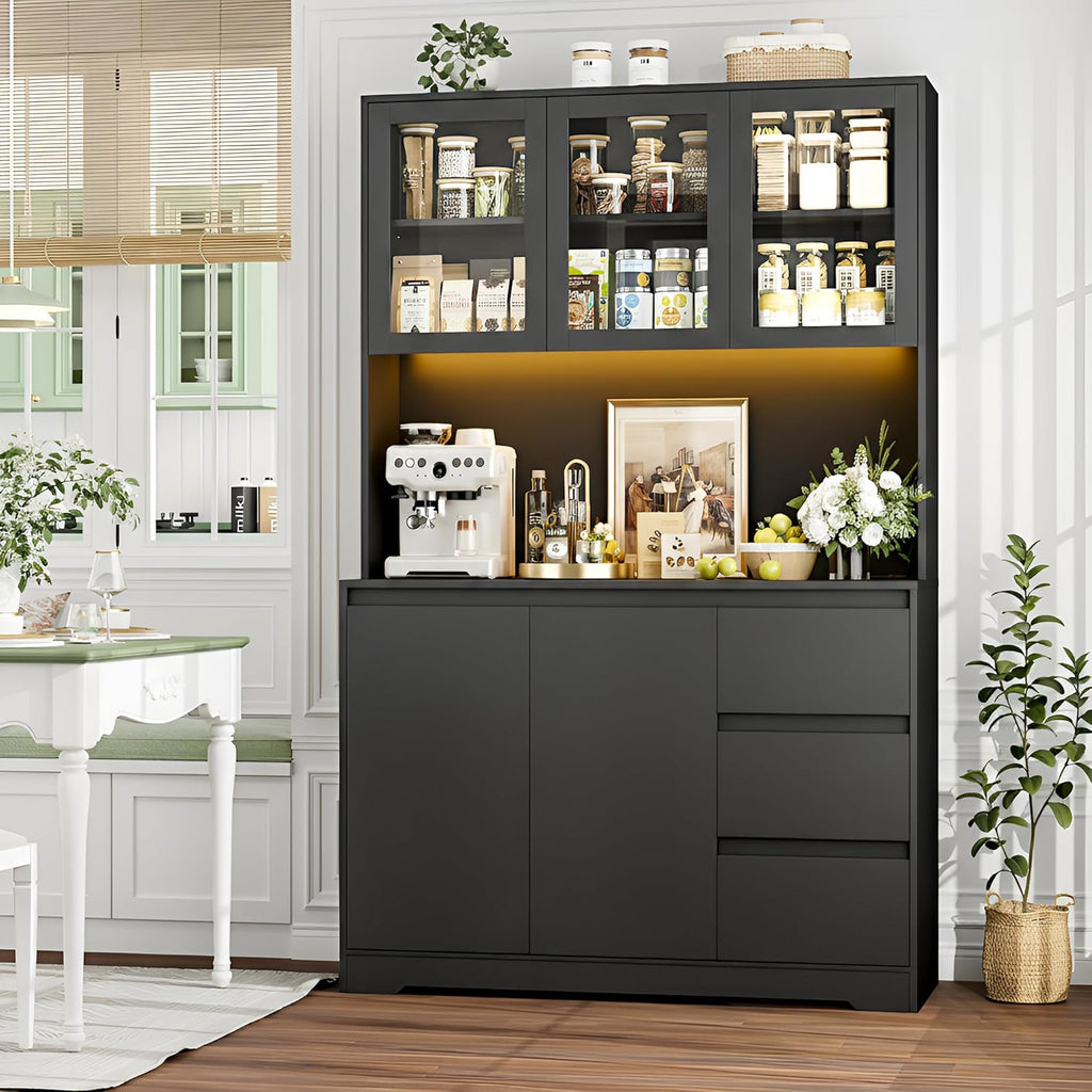 71-Inch Kitchen Pantry Cabinet with LED Lights and Charging Station, Modern Storage Hutch Cabinet with Microwave Stand, Buffet Cabinet and Spacious Countertop