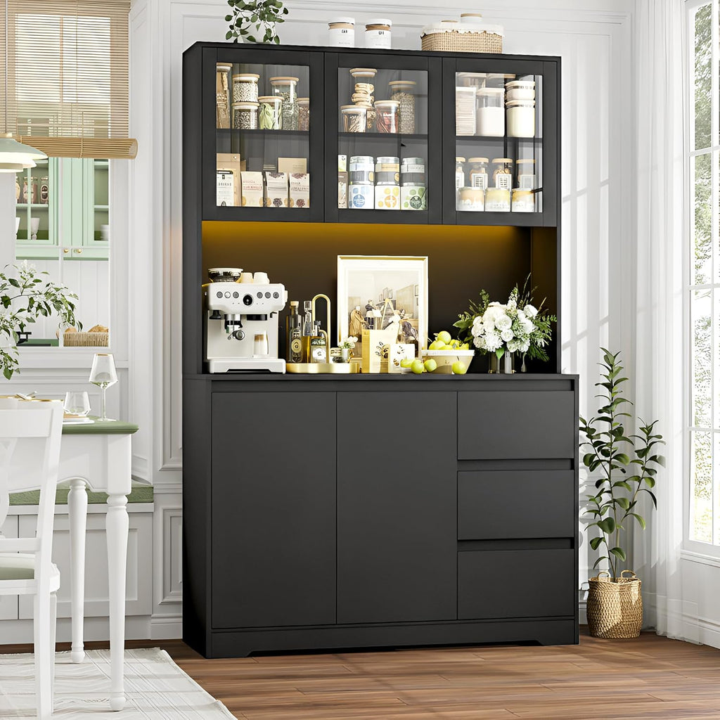 71-Inch Kitchen Pantry Cabinet with LED Lights and Charging Station, Modern Storage Hutch Cabinet with Microwave Stand, Buffet Cabinet and Spacious Countertop