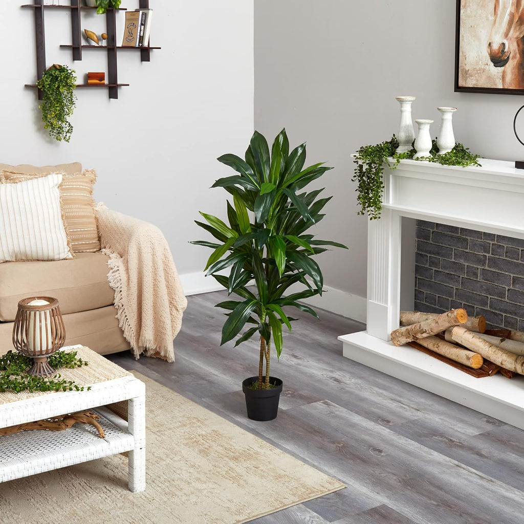 48-Inch Artificial Dracaena Tree with Real Touch Leaves and Decorative Pot, Maintenance-Free Indoor Floor Plant for Living Room, Office and Home Décor