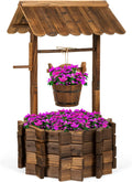 Rustic Wooden Wishing Well Planter with Hanging Bucket, Decorative Outdoor Flower Pot for Garden, Patio, Yard and Landscape Décor